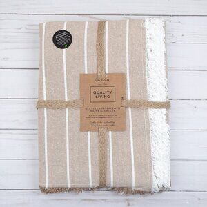 Park B Smith Fabric Tablecloth 60x84 Recycled Fibers Stripe Tan White Fringe